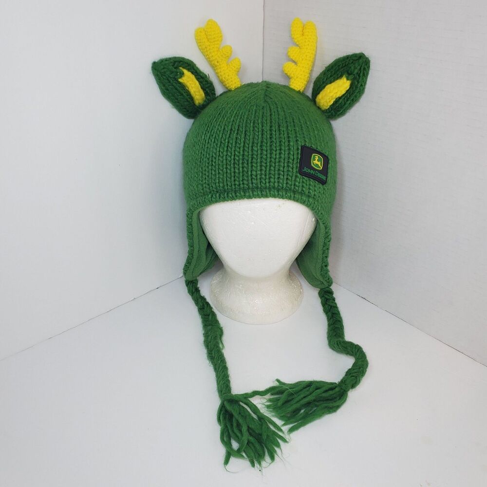John Deere Winter Green Yellow Knitted Ear Warmers Tassels Antlers Rare Hat